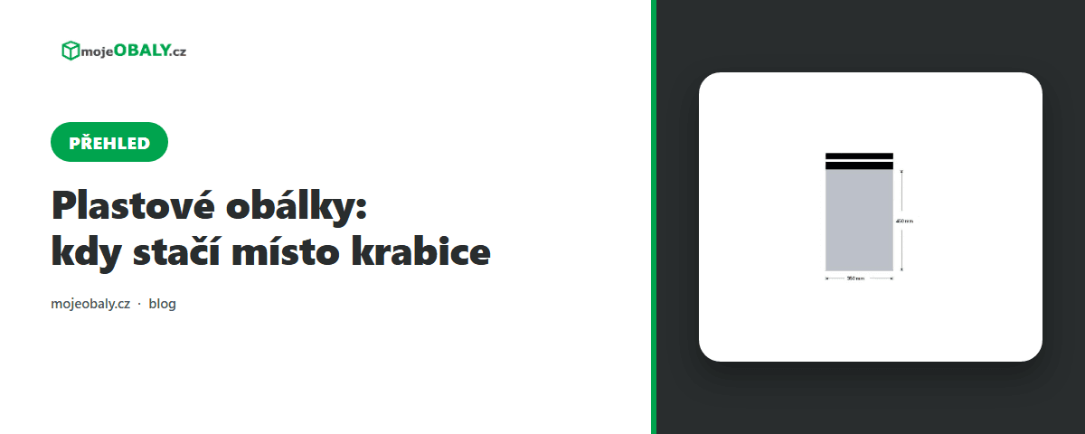 Banner článku o plastových obálkách na blogu mojeobaly.cz s nákresem obálky se samolepicí klopou